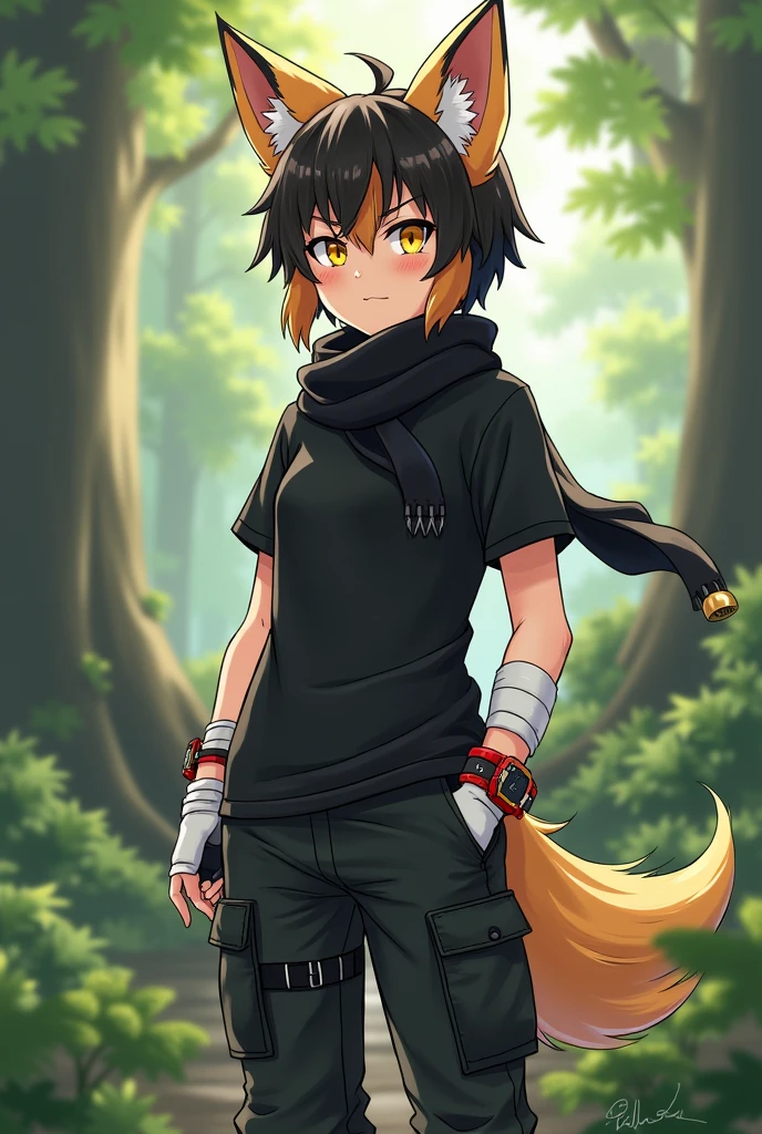 Manga boy with brown fox ears and a brown fox tail, il a les cheveux bicolore noir et brun aux yeux jaunes avec deux traits noirs sous les yeux. Il porte un t-shirt noir avec un foulard noir autour du cou. He is wearing black cargo pants with black boots, il porte des mitaines aux mains, one white and one black and a white bandage bandage wrapped around the arm. Il porte aussi un bracelet rouge avec une clochette au bras droit et une montre noir au poignées gauche. There is a forest background behind him.