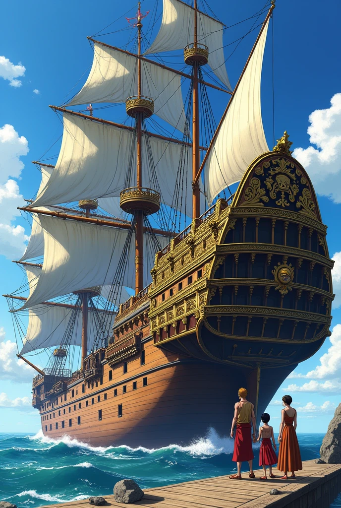 I want a picture of Luffy, Sandy, Zoro, US, Sanji, Chopper, Robin, Franky, Brook e Jimbe, on their pirate ship, the ship is more beautiful, mais bonito, much more, that puts fear into other pirates, much more fear, a gigantic fear, a huge ship, much bigger and stylish and terrifying, a little more of all this, that the ship matches their flock, a little more of all this, It has to be from the group that is the strongest in the world and that everyone is afraid of