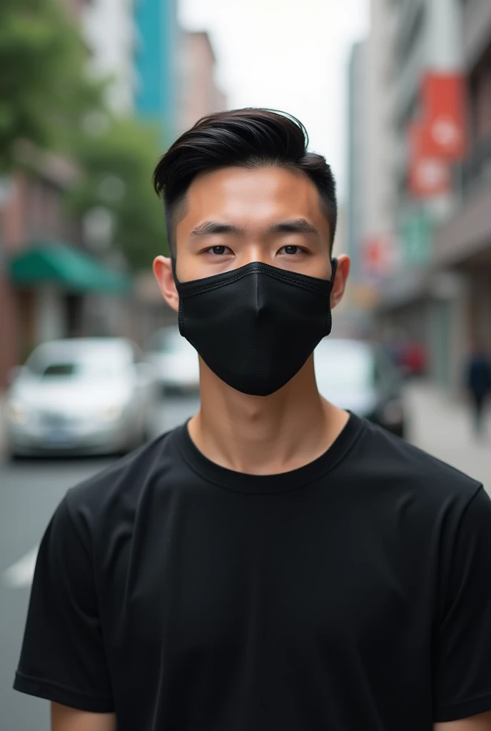 1 man, 20 years old, fair skin, straight eyebrows, Chinese eyes, HD image, 8K photo, Thai face, good figure, wearing a black T-shirt, blurred background, in the city, long crew cut hair, wearing a mask, wearing a mask to cover the mouth