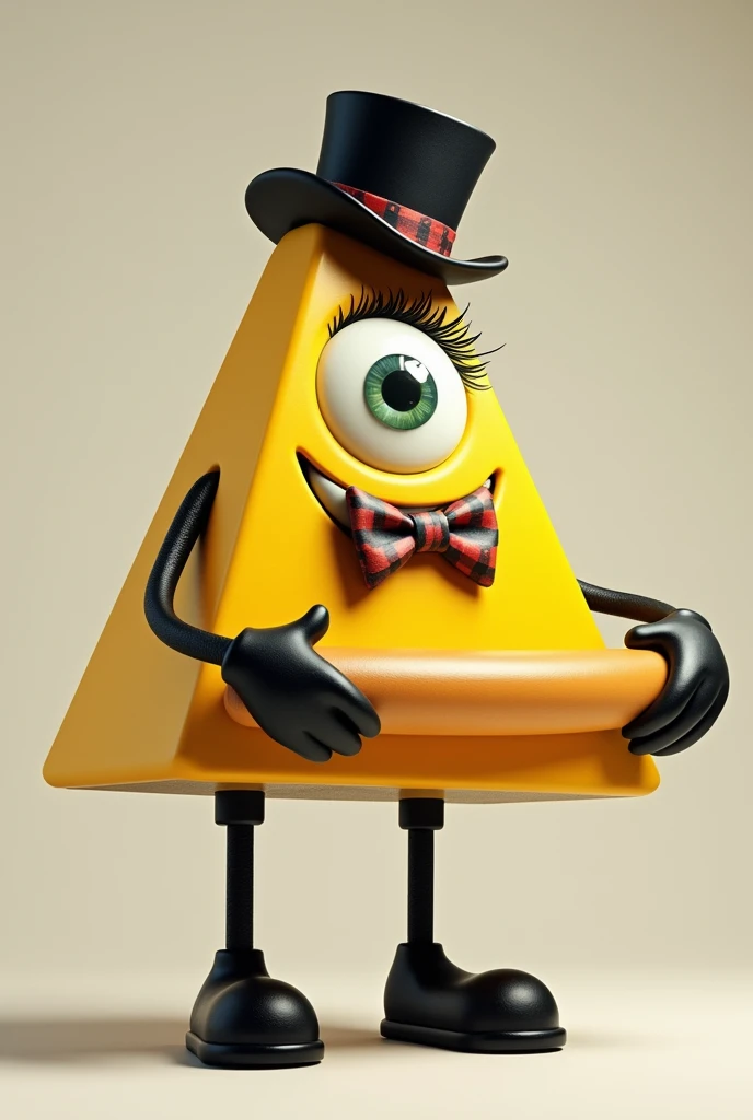 yellow triangle with one eye with eyelashes, bowtie, black tophat and black limbs and holding a large dick