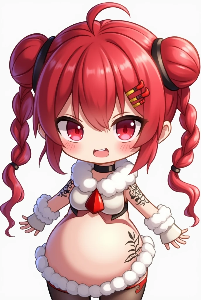 A cute chibi with red hair in pigtails with braids and red eyes with a white chooped with fur and a white glove with fur and with tattoos on her belly on the right side

