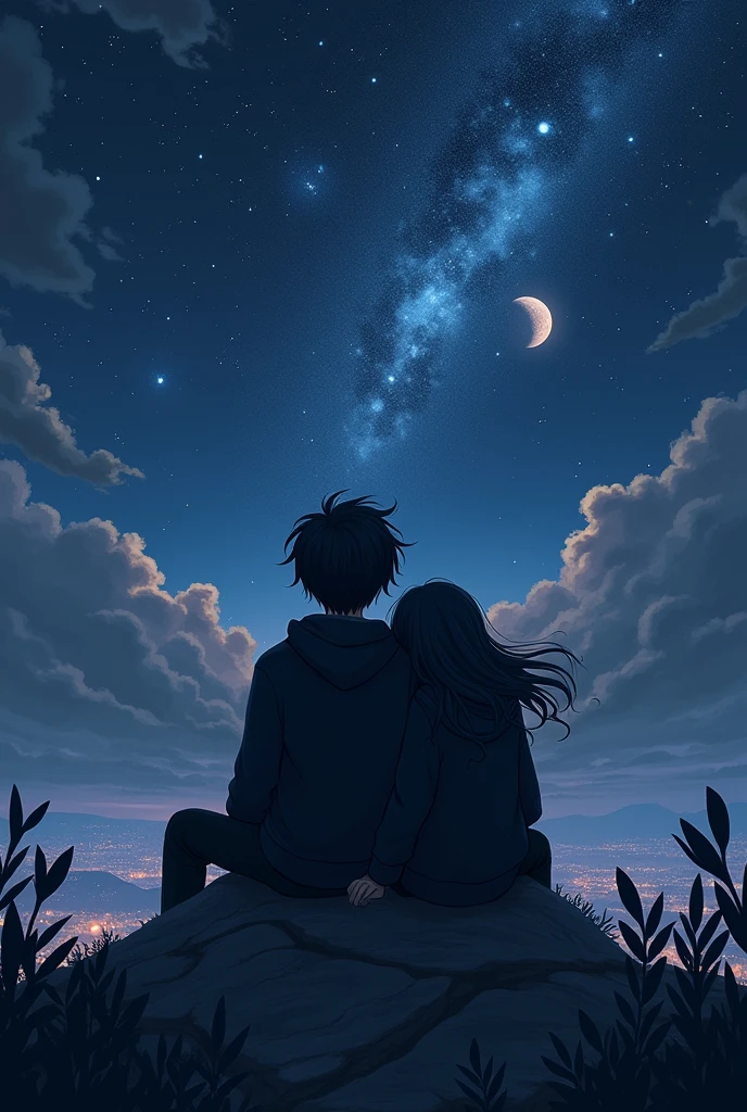 (photorealism:1.2),a boy and a girl sitting 
on top of a mountain, wearing black hoodie, boys have long hair, girl lying her head on the boy's shoulder, both  looking at the sky, darkish sky, half moon , broken star, sky full of stars, nebula on sky  view from back, leaves are flowing, fully dark theme