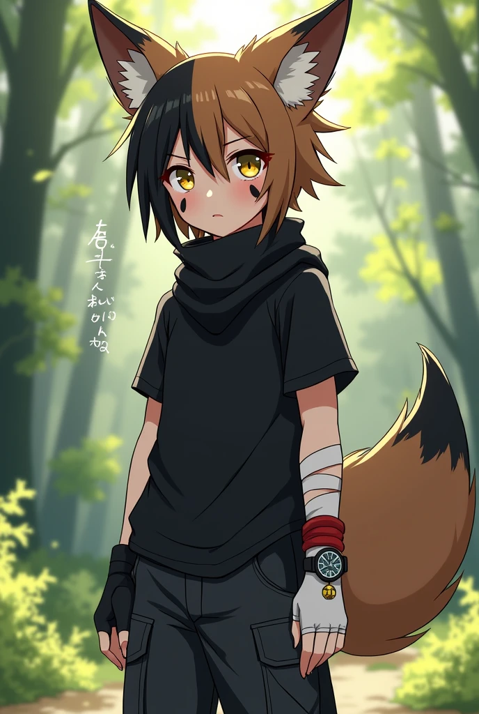 Manga boy with brown fox ears and a brown fox tail, il a les cheveux bicolore noir et brun aux yeux jaunes avec deux traits noirs sous les yeux. Il porte un t-shirt noir avec un foulard noir autour du cou. He is wearing black cargo pants with black boots, il porte des mitaines aux mains, one white and one black and a white bandage bandage wrapped around the arm. Il porte aussi un bracelet rouge avec une clochette au bras droit et une montre noir au poignées gauche. There is a forest background behind him.
