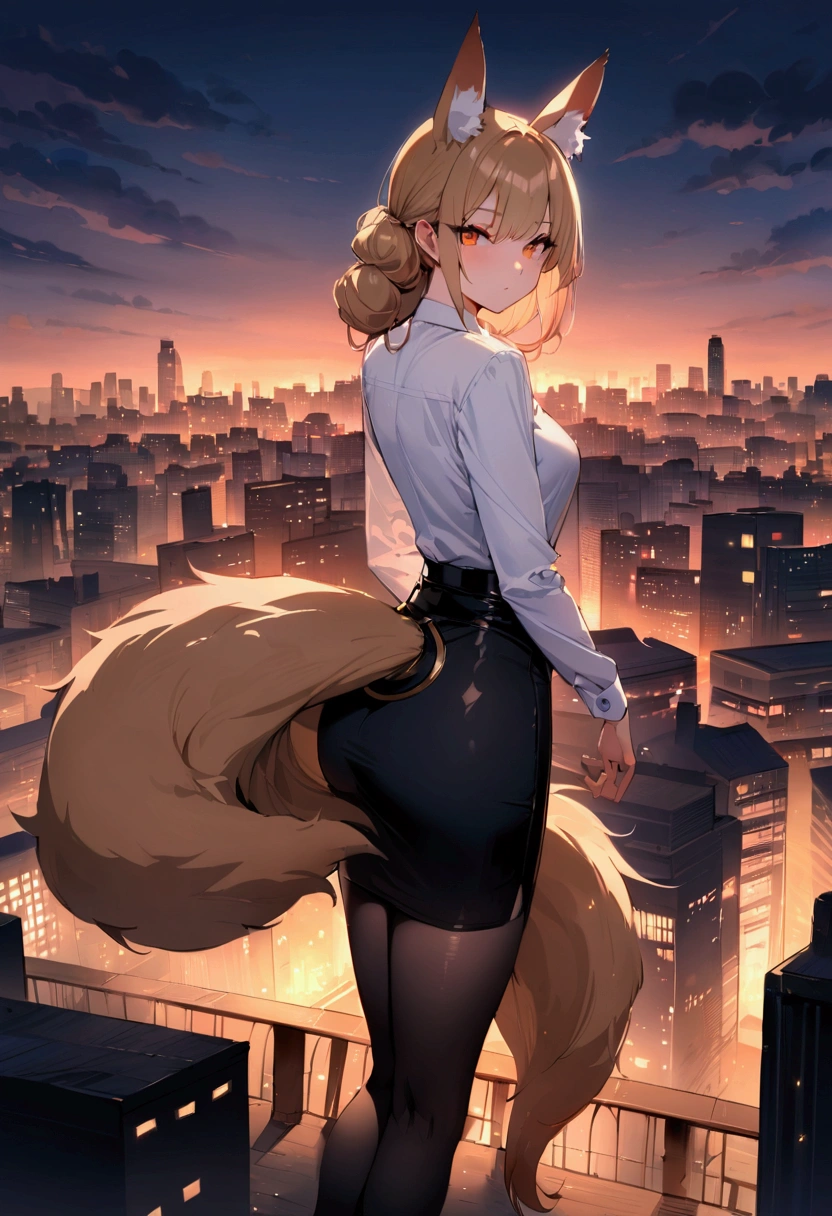 masterpiece, Best Quality) detailed, Wearing black stockings, rubio ,by the wide, Horse tail, elegant, (fox ears),nine-tailed fox tail, red eye shadow, gold eyes, femur，漏出femur，White shirt, black pencil skirt, city background,Girl,evening