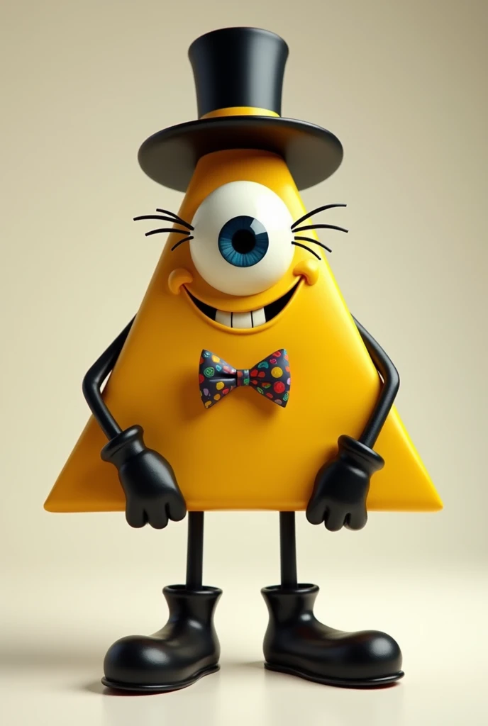 yellow triangle with one eye with eyelashes, bowtie, black tophat and black limbs and holding a large dick


