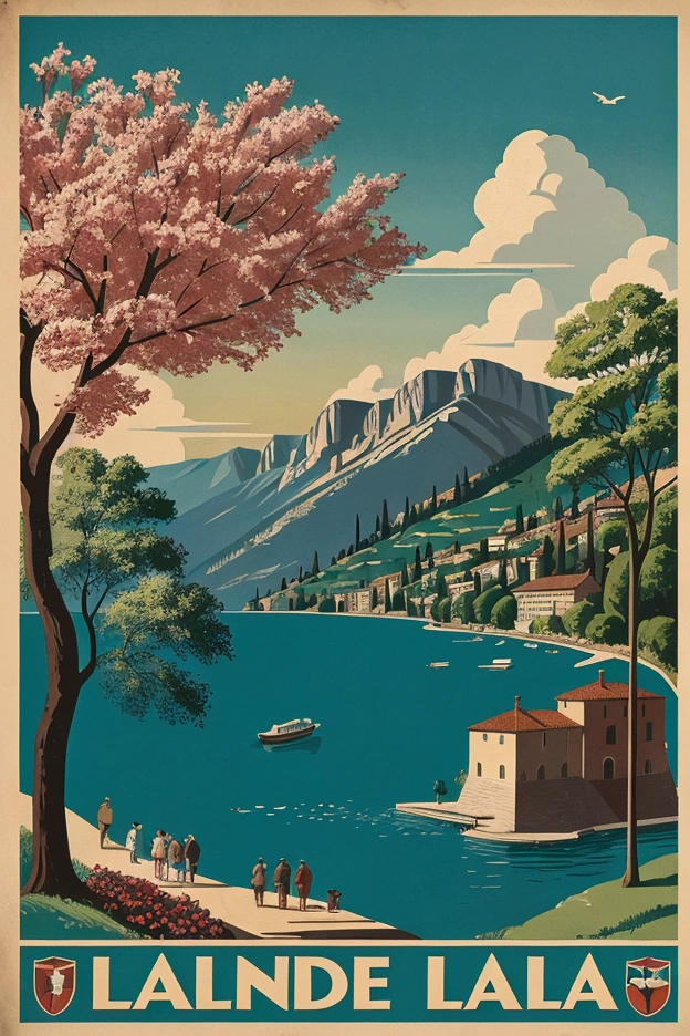 a close up of a poster of a lake garda with a building and trees, travel poster, vibrant tourism poster, inspired by John La Gatta, official artwork, by John La Gatta, album art, art deco poster, vintage poster style, poster artwork, inspired by Agnolo Gaddi, retro poster, 1 9 5 0 s americana tourism