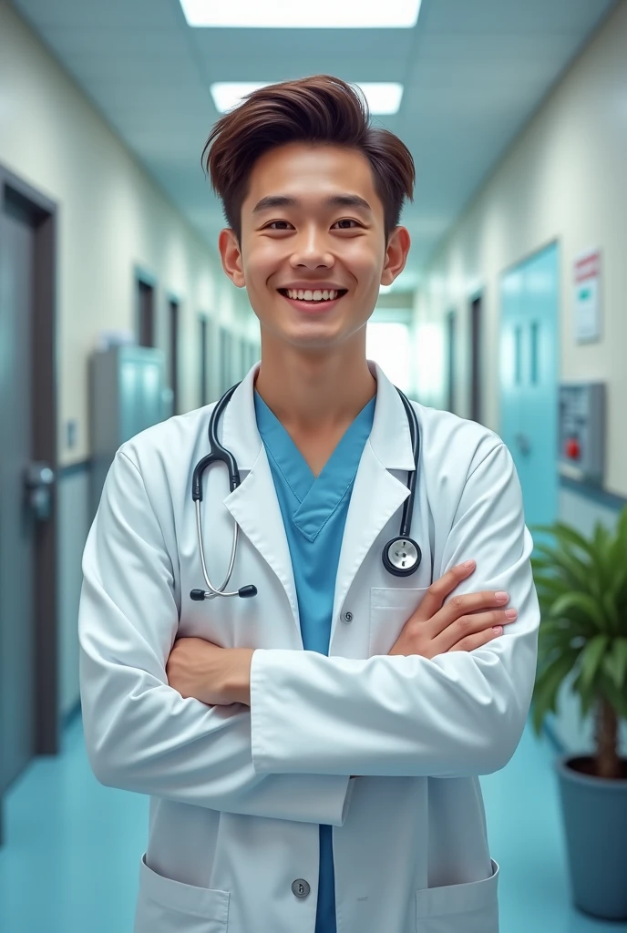 cute boy a doctor realistic photo Background his hospital