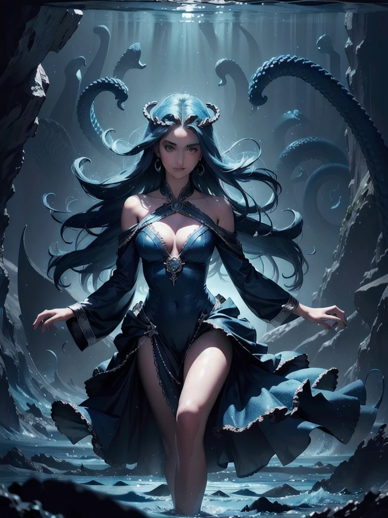 ((blue and navy color tone:1.3)) 1 girl, standing alone,Medusa filling up the ocean, millions of Medusa, a girl swimming ((Kale)) in the deep ocean surrounded by Medusa, ((Medusa)), deep black ocean,Sob o Mar,(photorrealistic:1.4), offcial art, unity wallpaper 8k, ultra detaild, beautiful and aesthetic, work of art,best qualityer, (dynamic angle:1.4), shining skin, (floating colorful sparkles:1) most beautiful form of chaos, chic, a brutalist designed, bright coloured, Romanticism, Ultra Wide Angle,   