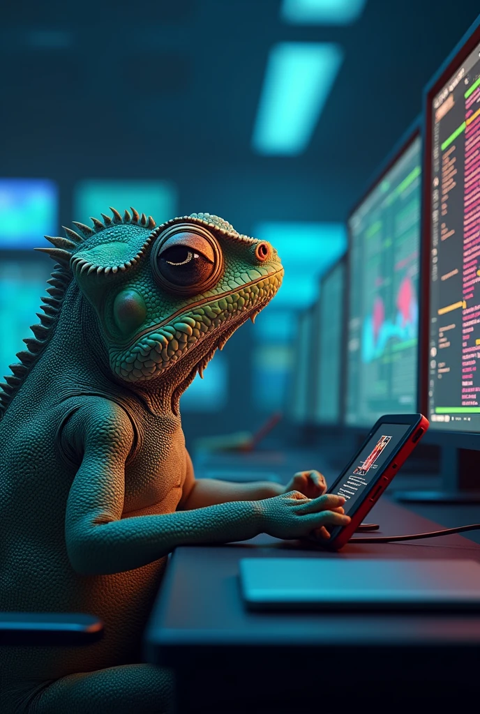 A chameleon in a cybersecurity monitoring SOC playing with a Nintendo switch while working in realistic mode with a distracted face so that the monitoring screens can be seen