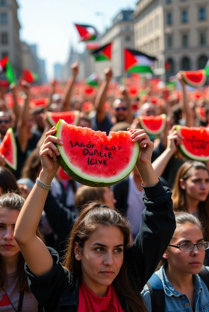 Human demonstration with watermelon signs for the sake of Palestine