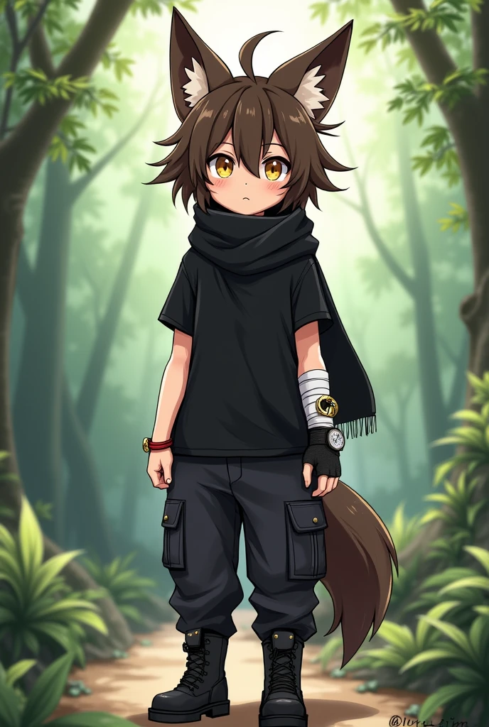Manga boy with brown fox ears and a brown fox tail, il a les cheveux bicolore noir et brun aux yeux jaunes avec deux traits noirs sous les yeux. Il porte un t-shirt noir avec un foulard noir autour du cou. He is wearing black cargo pants with black boots, il porte des mitaines aux mains, one white and one black and a white bandage bandage wrapped around the arm. Il porte aussi un bracelet rouge avec une clochette au bras droit et une montre noir au poignées gauche. There is a forest background behind him.