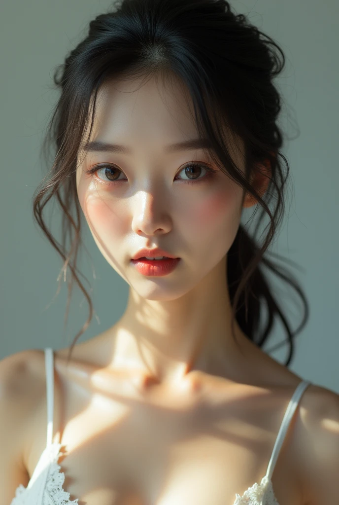 A woman with a flat nose32K,Highly detailed,Highly detaileds,high resolution,high density,alone,:1.6),(realistic people々,Live Performance,ทำความคุ้นKย目,high resolutionの目,good eyes,Eyes that are similar to theirs'Alive,Beautiful like a Chinese star
,Fishing Eye,Lip profile,White and bright skin,realistic detailed face:1.3),(Japan ID card,Korean idol,Japanese model,Korean model:1.2)Standing without underwear, posing with hands on waist