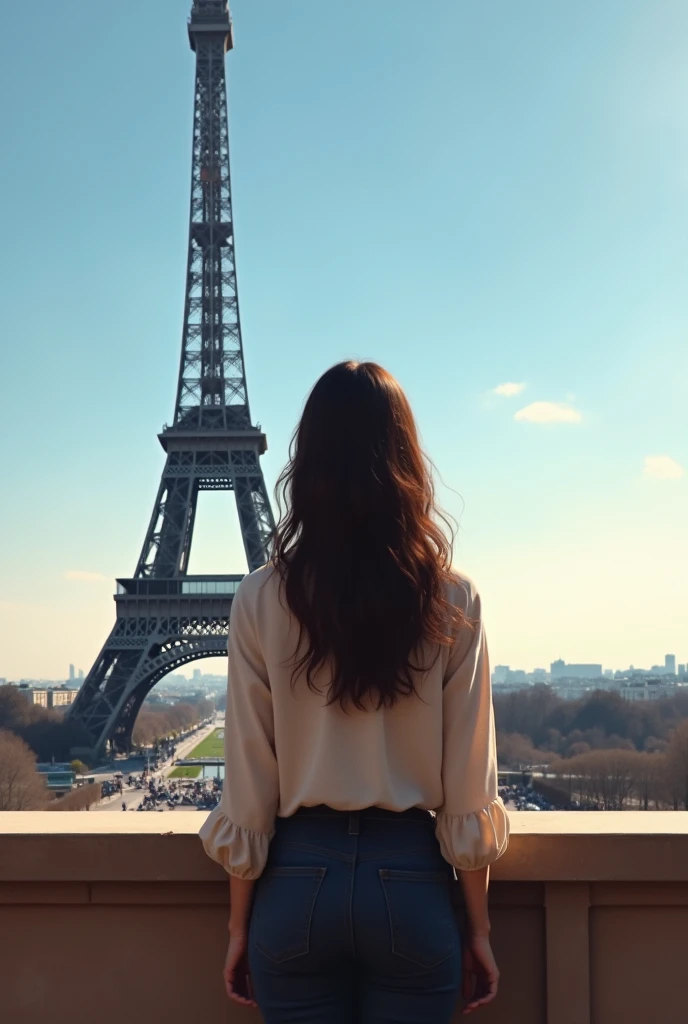 fille brune debout de dos devant la tour eiffel
