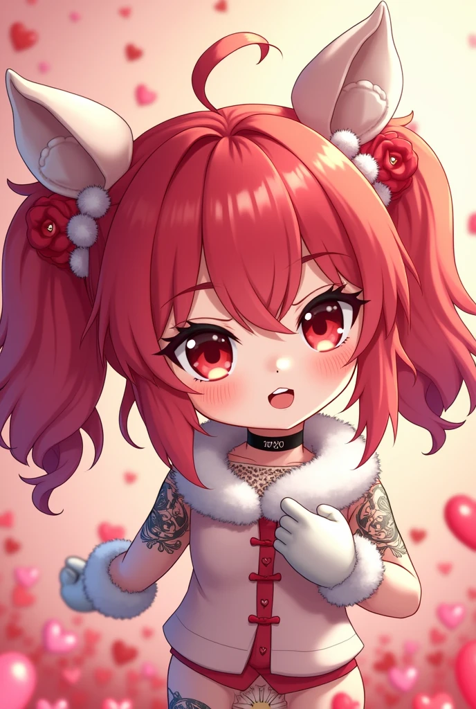 A cute chibi with red hair in pigtails with a braid and red eyes with a white chooped with fur and a white glove with fur and with tattoos on her belly on the right side and background images full of small hearts.