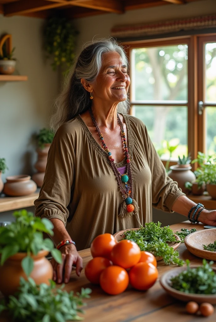 67-year-old lady of Mexican nationality, which is hippie and bohemian, and does yoga, makes his breakfast vegetarian