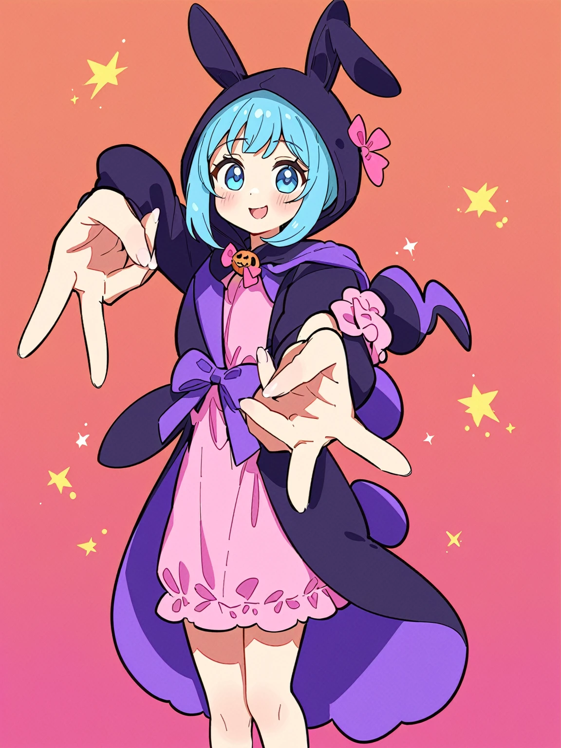 best quality, very aesthetic,1girl, cute anime-style girl in a Halloween costume with black rabbit ears and tail, holding a giant candy, sparkling blue eyes, adorable, kawaii style, detailed illustration, pastel colors, soft lighting, cheerful expression, big eyes, playful pose, pow pose, 