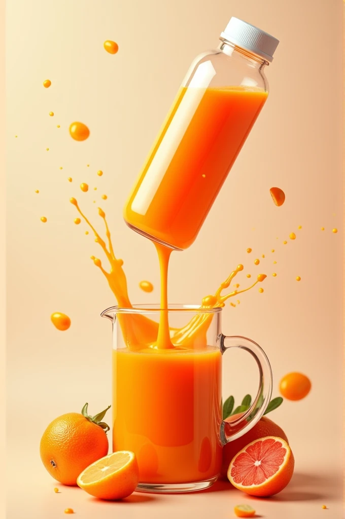 Image with carrot juice in a transparent bottle with a white lid, image of fruit and juice spilling into a jug