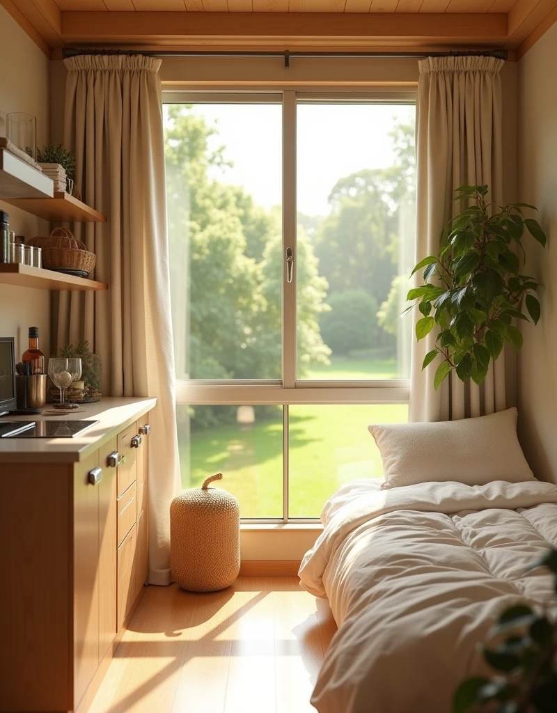 High-quality photograph of a маленькой комнаты в светлых тонах. Compact layout. kitchen, bed, window. The sun's rays add warmth and coziness to the scene.. A green park can be seen through the window.