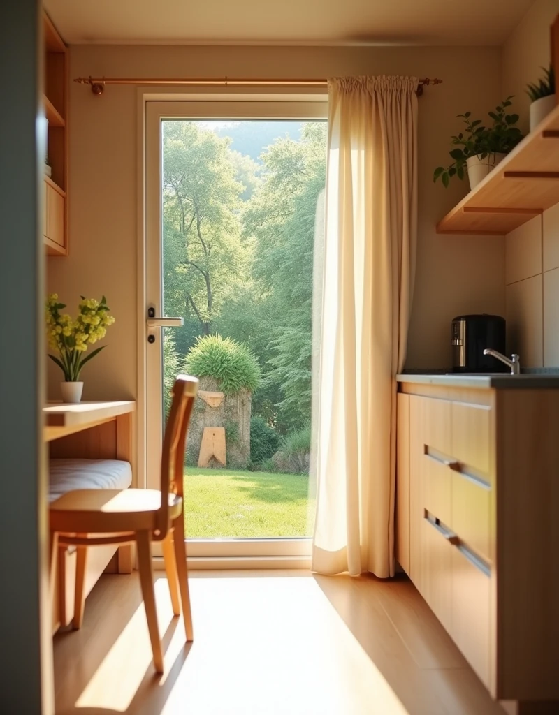 High-quality photograph of a маленькой комнаты в светлых тонах. Compact layout. kitchen, bed, window. The sun's rays add warmth and coziness to the scene.. A green park can be seen through the window.