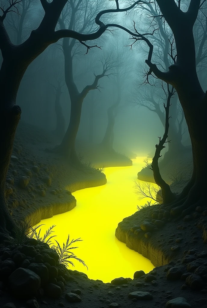 a terrifying forest, you can see a long lake, Bright yellow lights come out of his lake, the lake is made of yellow crystals