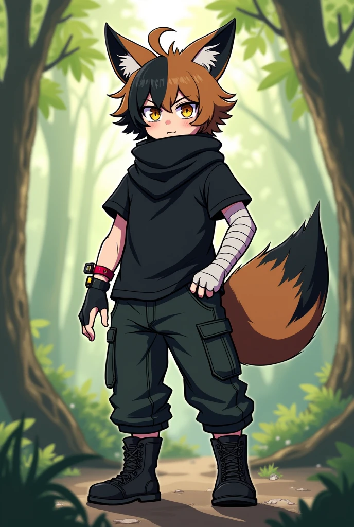 Manga boy with brown fox ears and a brown fox tail, il a les cheveux bicolore noir et brun aux yeux jaunes avec deux traits noirs sous les yeux. Il porte un t-shirt noir avec un foulard noir autour du cou. He is wearing black cargo pants with black boots, il porte des mitaines aux mains, one white and one black and a white bandage bandage wrapped around the arm. Il porte aussi un bracelet rouge avec une clochette au bras droit et une montre noir au poignées gauche. There is a forest background behind him.