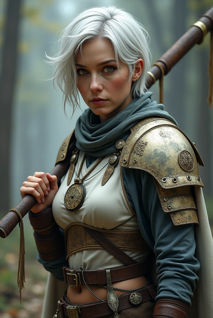 Crie uma mulher branca, she has white hair with a little gray, She has dark brown eyes, She wears light armor with a moon symbol on her left chest., she has short hair, she uses a club as her main weapon