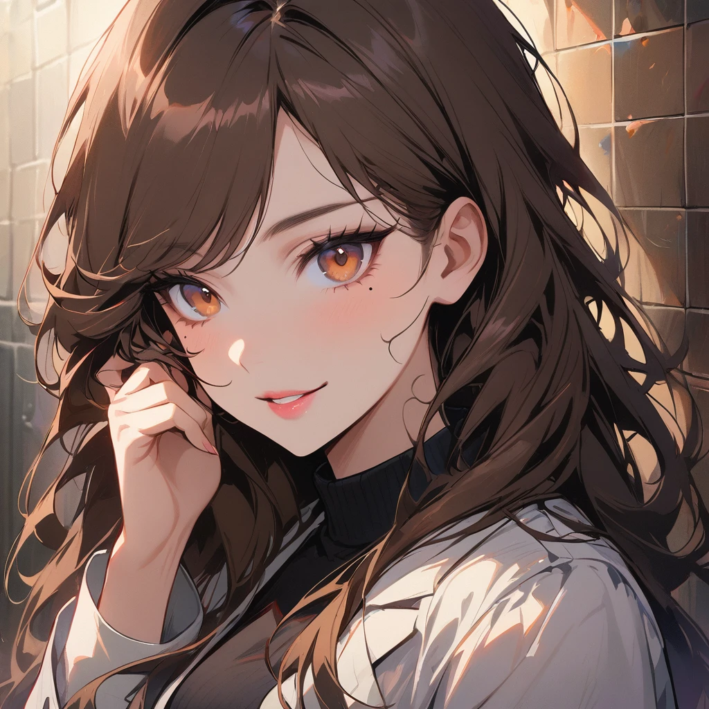 1girl, solo, brown hair, labcoat, brown eyes, long hair, hair twirling, mole under eye, looking at viewer, mole, turtleneck, smile, upper body, lips, tile wall