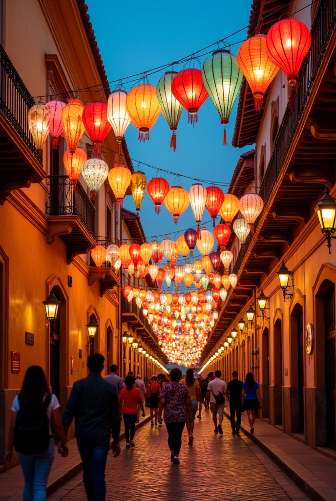 Street in Antigua Guatemala full of lanterns