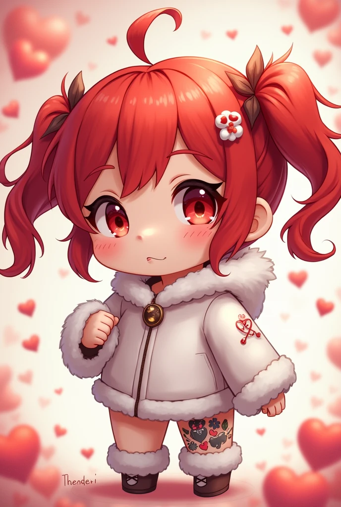 A cute chibi with red hair in pigtails with a braid and red eyes and a white chooped with fur and a white glove with fur and with tattoos on the belly on the right side and background images full of small hearts


