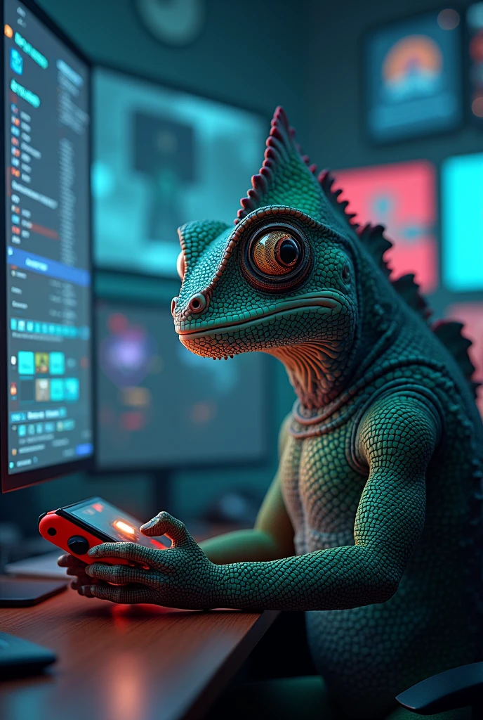 A chameleon in a cybersecurity monitoring SOC playing with a Nintendo Switch while working in realistic mode with a distracted face so that the monitoring screens and the game console can be seen 
