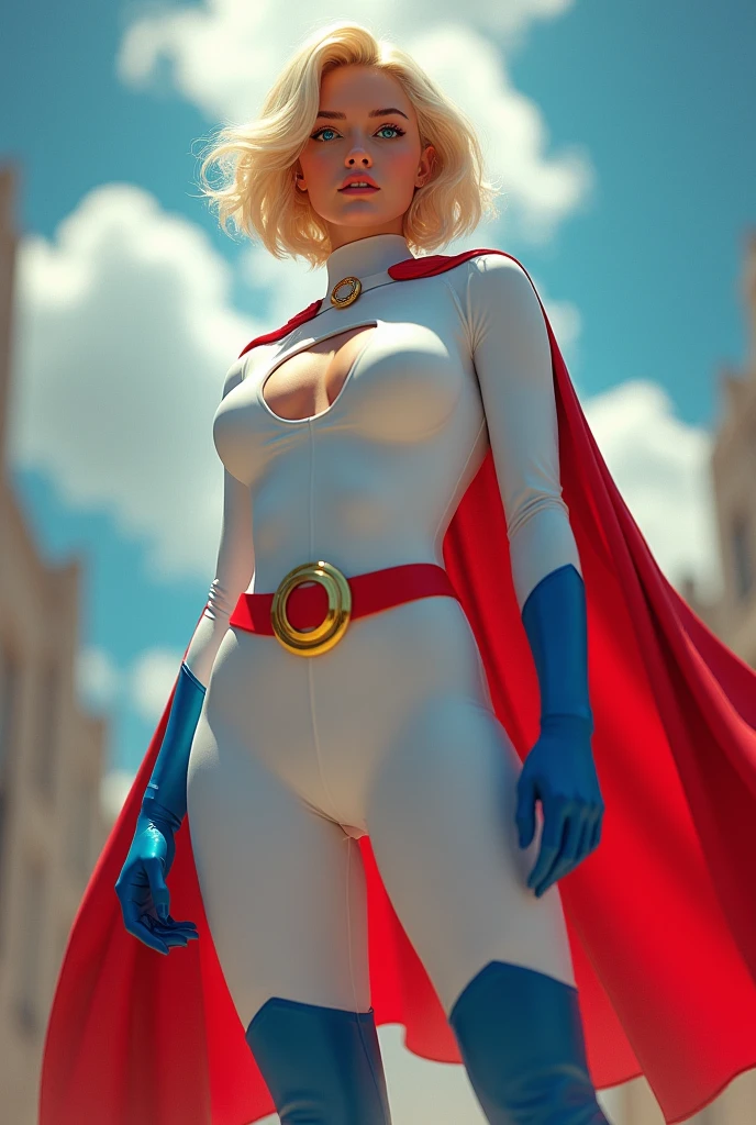 FULL BODY. A TEEN BUSTY FEMALE WITH SHORT BLONDE HAIR, BLUE EYES WEARING A WHITE TURTLE NECK LEOTARD WITH LONG SLEEVES, A LARGE ROUND CLEAVAGE CUT OUT HOLE ON THE CHEST, BLUE GLOVES, BLUE BOOTS, A RED BELT WITH A GOLD CIRCLE, A LONG RED CAPE ATTACHED AT THE NECK WITH ONE GOLD CIRCLE CLASP. (THICK ROUND PERKY BREASTS). ABSURD 8K RESOLUTION, DYNAMIC BACKGROUND.