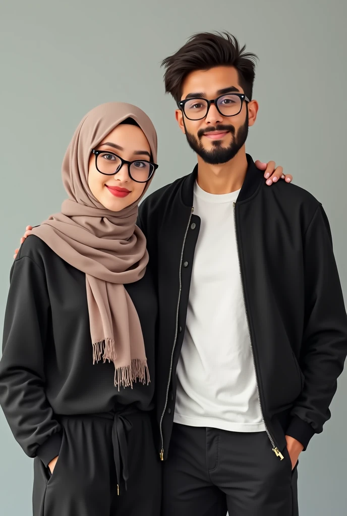 Generate an image of a 20 year old cubby 56 kg muslim girl she is cute and pretty and her boyfriend both wearing specs and girl is wearing hijab and boy has beared and wearing jacket black and white t shirt black pant and white shoes even girl is wearing specs and red lipstick