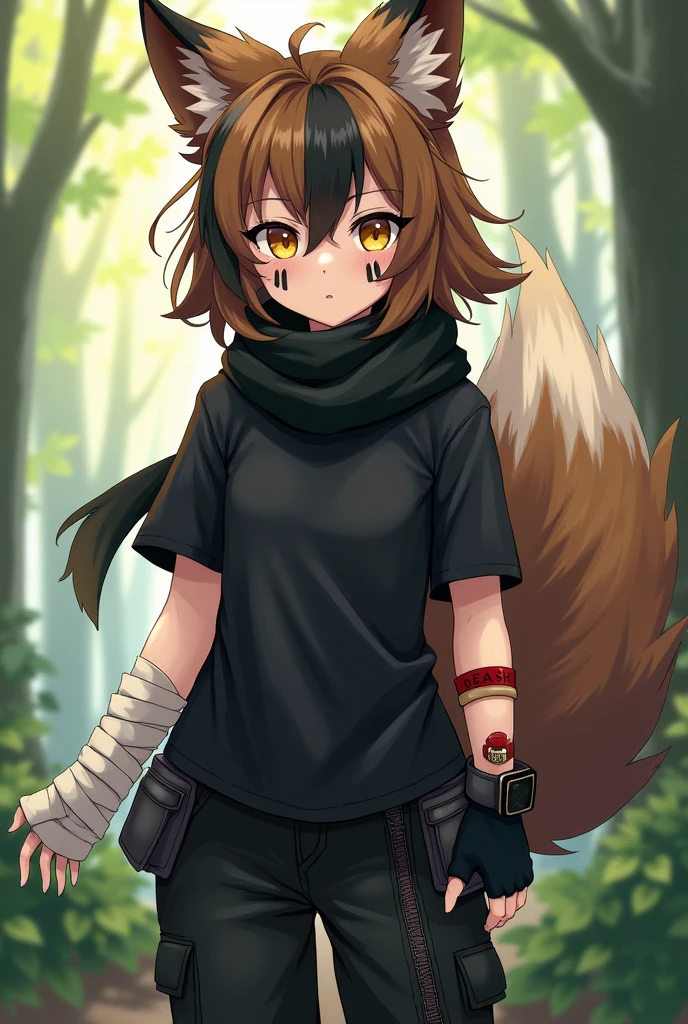 Manga boy with brown fox ears and a brown fox tail, il a les cheveux bicolore noir et brun aux yeux jaunes avec deux traits noirs sous les yeux. Il porte un t-shirt noir avec un foulard noir autour du cou. He is wearing black cargo pants with black boots, il porte des mitaines aux mains, one white and one black and a white bandage bandage wrapped around the arm. Il porte aussi un bracelet rouge avec une clochette au bras droit et une montre noir au poignées gauche. There is a forest background behind him.