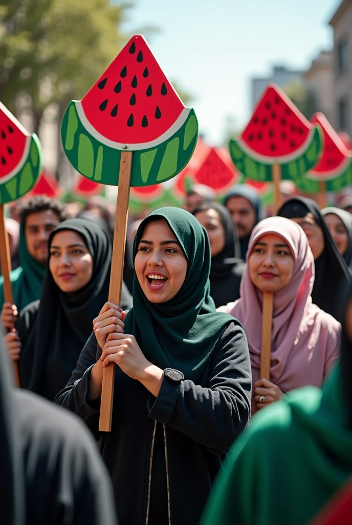 Human demonstration with watermelon signs for the sake of Palestine, with hijab women’s 