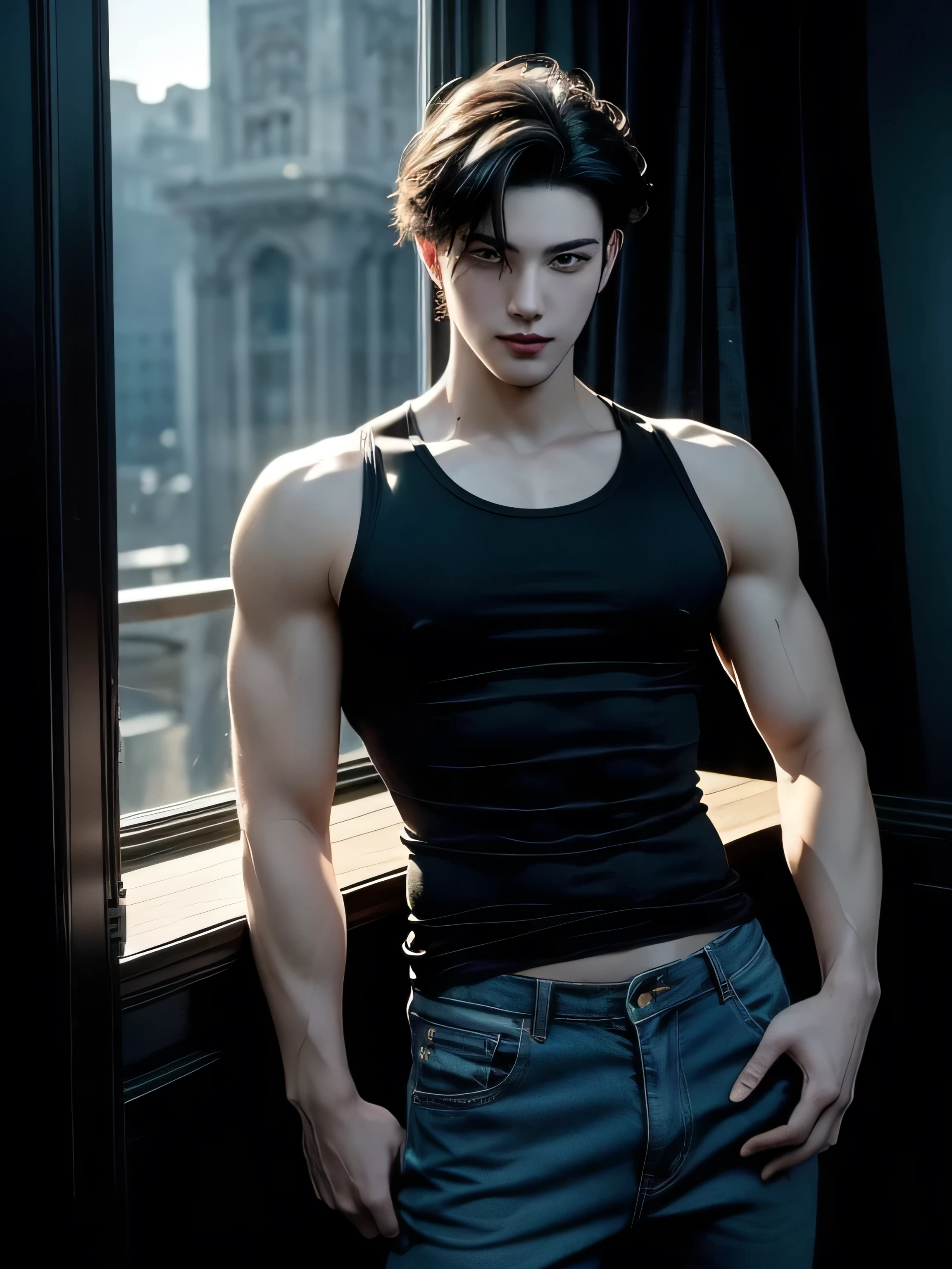 Cinematic composition of a charming and handsome young man in his 20s, wearing a men's black tank top and black jean pants. He has a stylish comma haircut, a perfectly sculpted physique, and glowing skin. The man poses confidently, flexing his arm with a cool smile. He stands in a dark photoshoot studio with a gothic theme, featuring deep shadows, ornate gothic decor, and dramatic lighting that enhances the moody atmosphere and highlights his striking presence, trending on ArtStation.