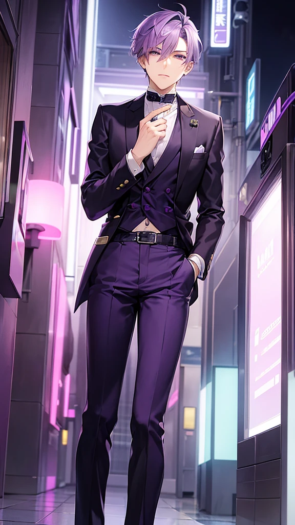 Sophisticated, Androgynous male anime character with short hair, Lavender hair and piercing purple eyes, A hall in front of a neon-lit night streetscape々Standing. The character wears a black blazer with purple lining., Matching purple shirt, Checkered purple pants. They wore belts with gold buckles、A finger is placed over one&#39;s lips as a gesture of silence。. She is wearing crescent moon earrings, There is a sword on his back, It hints at their warrior nature.. A shining crown floats above my head, Gives an air of mystery and authority.