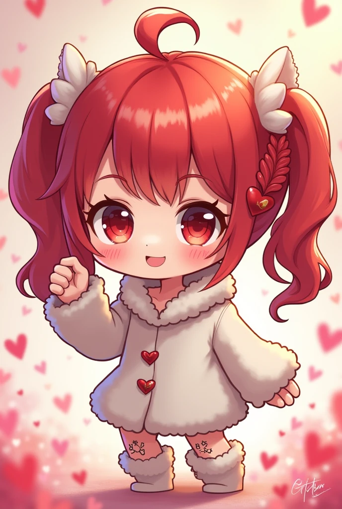 A cute chibi with red hair in pigtails with a braid and red eyes and a white chooped with fur and a white glove with fur and with tattoos on the belly on the right side and background images full of small hearts

