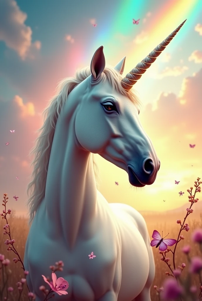 Realistic unicorn with rainbow background and realistic moths