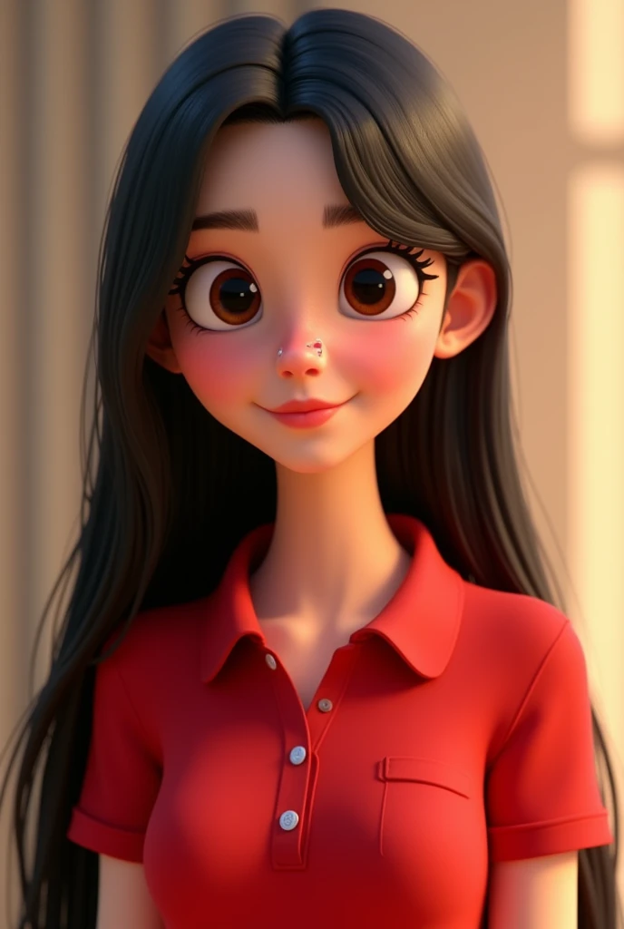 Cartoon characters of a young woman PEARLY SKIN STRAIGHT HAIR, long and black, WITH A NOSE EARRING AND A RED POLO SHIRT animation style rendering, 3D stylized, Arnold Maya rendering, Render 3D stylized, , 3D character, 3D character, Stylized 3D rendering, 3d character rendering, cartoon character, Close-up character, Character pose, (pixar style) (master part:1.2) (bokeh) (Best Quality) (detailed skin) (detailed texture) (8k) (clay) (cinematic lighting) (sharp focus
