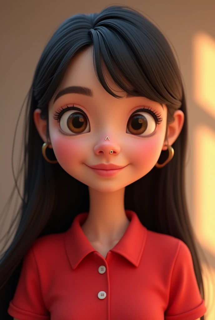 Cartoon characters of a young woman PEARLY SKIN STRAIGHT HAIR, long and black, WITH A NOSE EARRING AND A RED POLO SHIRT animation style rendering, 3D stylized, Arnold Maya rendering, Render 3D stylized, , 3D character, 3D character, Stylized 3D rendering, 3d character rendering, cartoon character, Close-up character, Character pose, (pixar style) (master part:1.2) (bokeh) (Best Quality) (detailed skin) (detailed texture) (8k) (clay) (cinematic lighting) (sharp focus