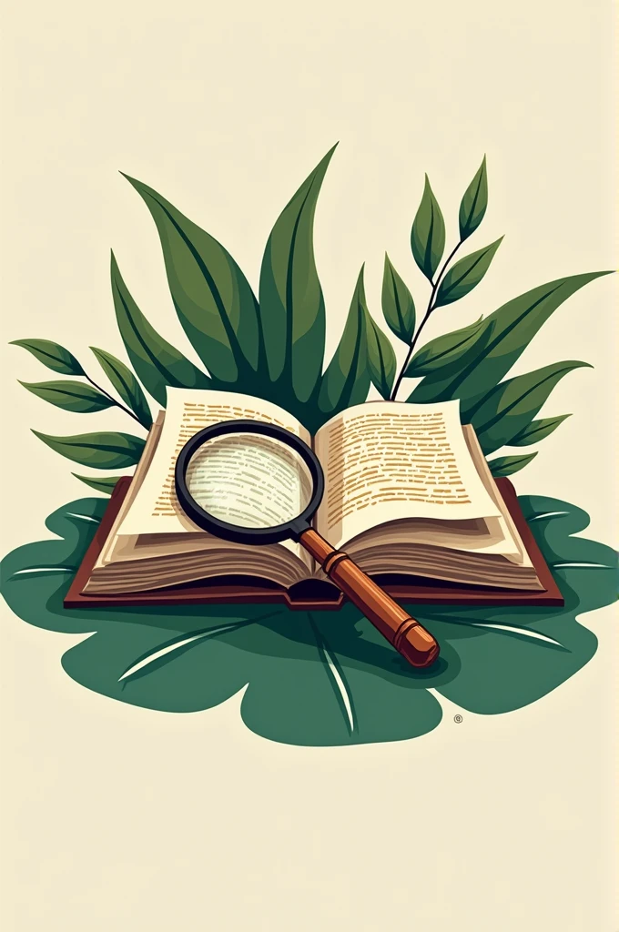 Make a vector logo that has an open book with indigenous Amazonian weaving with a magnifying glass drawn on it, the book sits on top of a water lily.