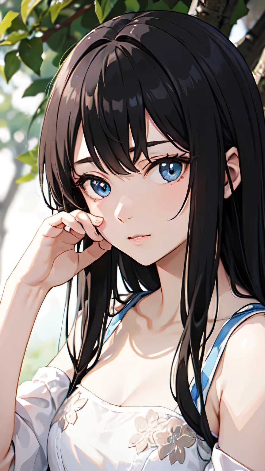 ((best quality)), ((masterpiece)), (detailed), 1girl,Almond Eye,blue eyes,In the quiet forest, Your shadow moves forward step by step, With the light of hope in our hearts, Towards a new tomorrow, **With hope in your heart, towards a new tomorrow*,Close up of face