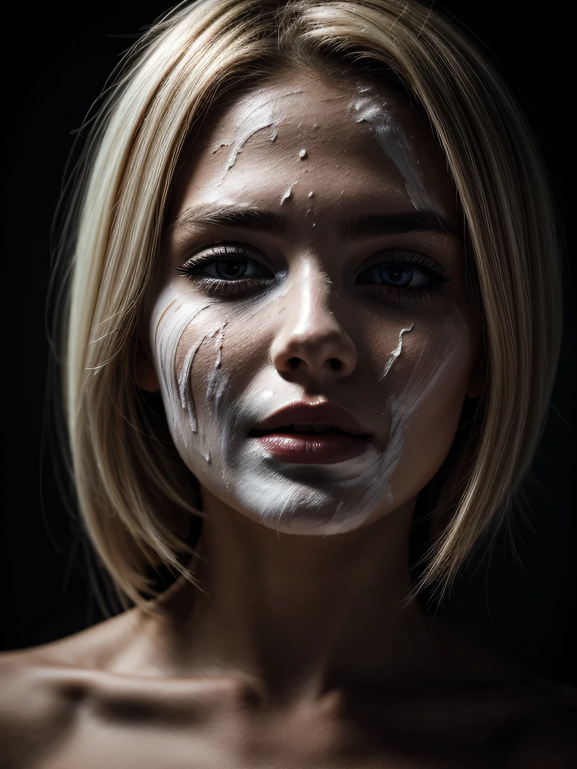 beautiful blonde woman with face smeared with white paint, white dress, dark sensual image, portrait style