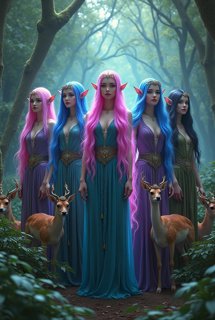 5 ultra-sexy elf sorceresses,colorful hair,deer at their feet,enchanted forest,(best quality,4k,8k,highres,masterpiece:1.2),ultra-detailed,(realistic,photorealistic,photo-realistic:1.37),fantasy,magic,nature,dramatic lighting,glowing eyes,intricate details,lush vegetation,vibrant colors