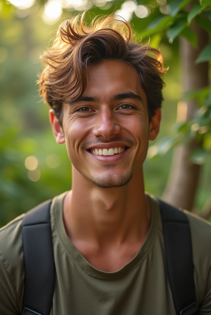 Create for me a realistic photo of a 23-year-old boy from the state of Goias, Brazil, with light brown hair and a height of 1.80 meters.