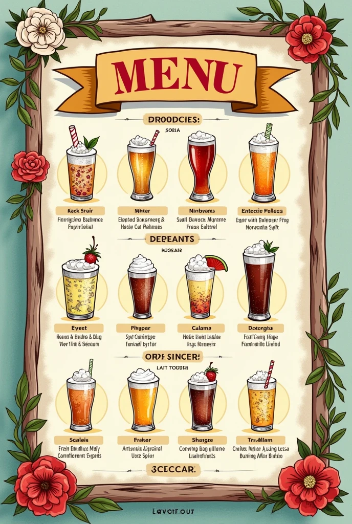 Create a Menu card for my soda shop item is blueberry soda lychee soda ginger soda lemon soda peach soda Vimto soda pineapple soda orange soda pakola soda rooafzah soda apple soda raspberry soda falsa soda anaar soda