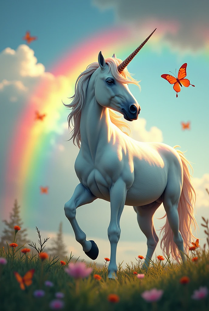 Realistic unicorn with rainbow and realistic moths