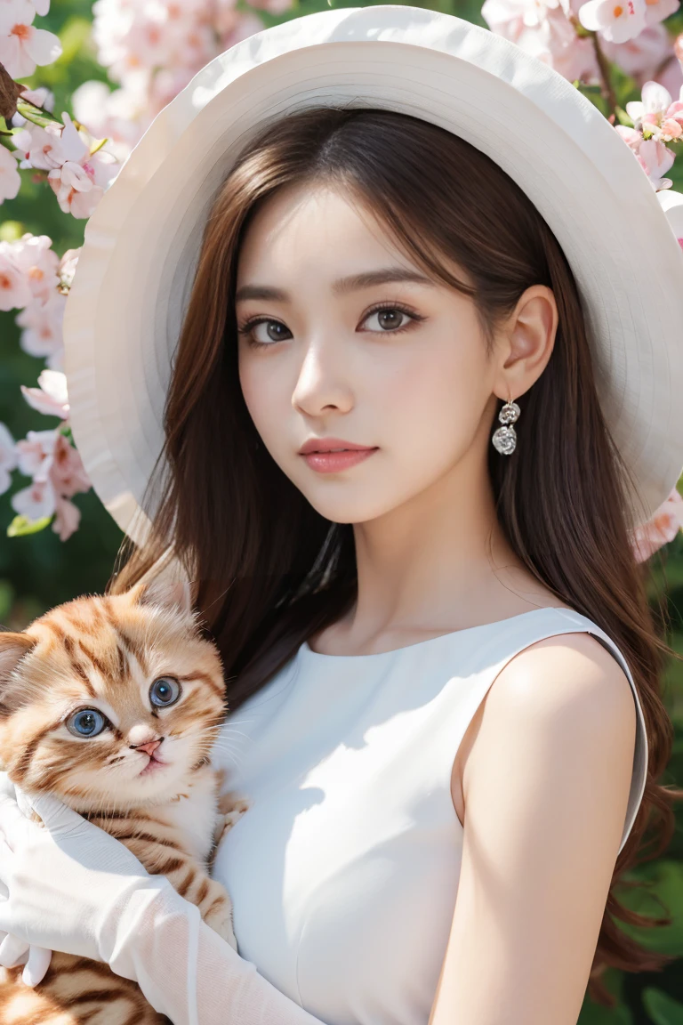 Anatomically correct depiction、masterpiece、Highest quality、8k、Attractive beautiful almond-shaped eyes、Big black eyes、Long eyelashes、美しい桜colorの唇、A high, well-defined nose、color々Hairstyle、美しく輝くcolor々な髪color、((Realistic:1.3))、Bold composition、Highly detailed face、Detailed、Golden Ratio Face、Ultra-high resolution、Beautiful white smooth skin、(looking at the camera)、Pure white dress、Garden Hat、White long gloves、((Surrounded by lots of cute, big-headed kittens))、A sparkling smile