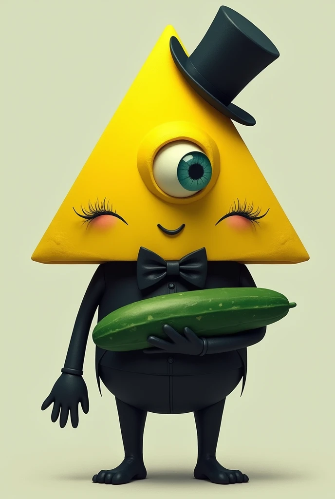 yellow triangle with one eye with eyelashes, 
black bowtie, black tophat and black limbs and holding a cucumber 


