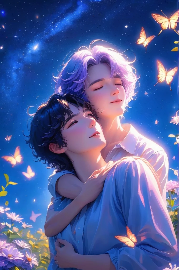 A couple hugging under the starry sky, Butterflies surround them, Detailed facial expressions, Romantic, Movie Lighting, Vibrant colors, Very detailed, 8K, Reality, masterpiece